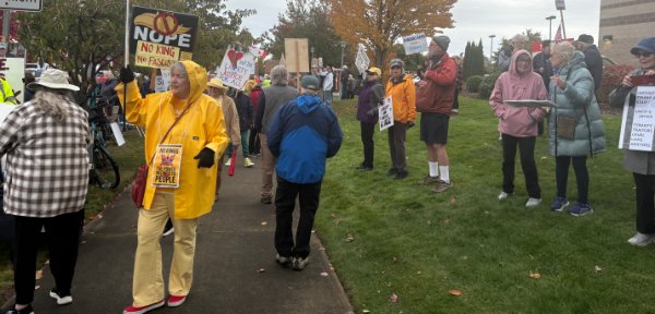 Crowd and Woman carrying sign NOPE No King No Fascist
