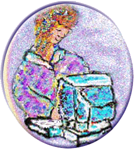 drawing of woman at computer with lavender background